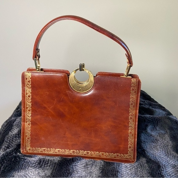 Antique Handmade Leather Purse  with High Quality Crescent Clasp Brown & Gold - Picture 1 of 7